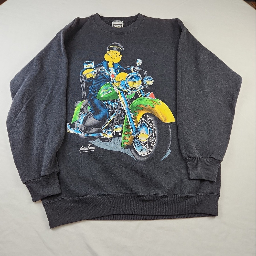 VTG 1993 Popeye Spinach Power Motorcycle Sweatshirt Tultex Black L 90s Biker